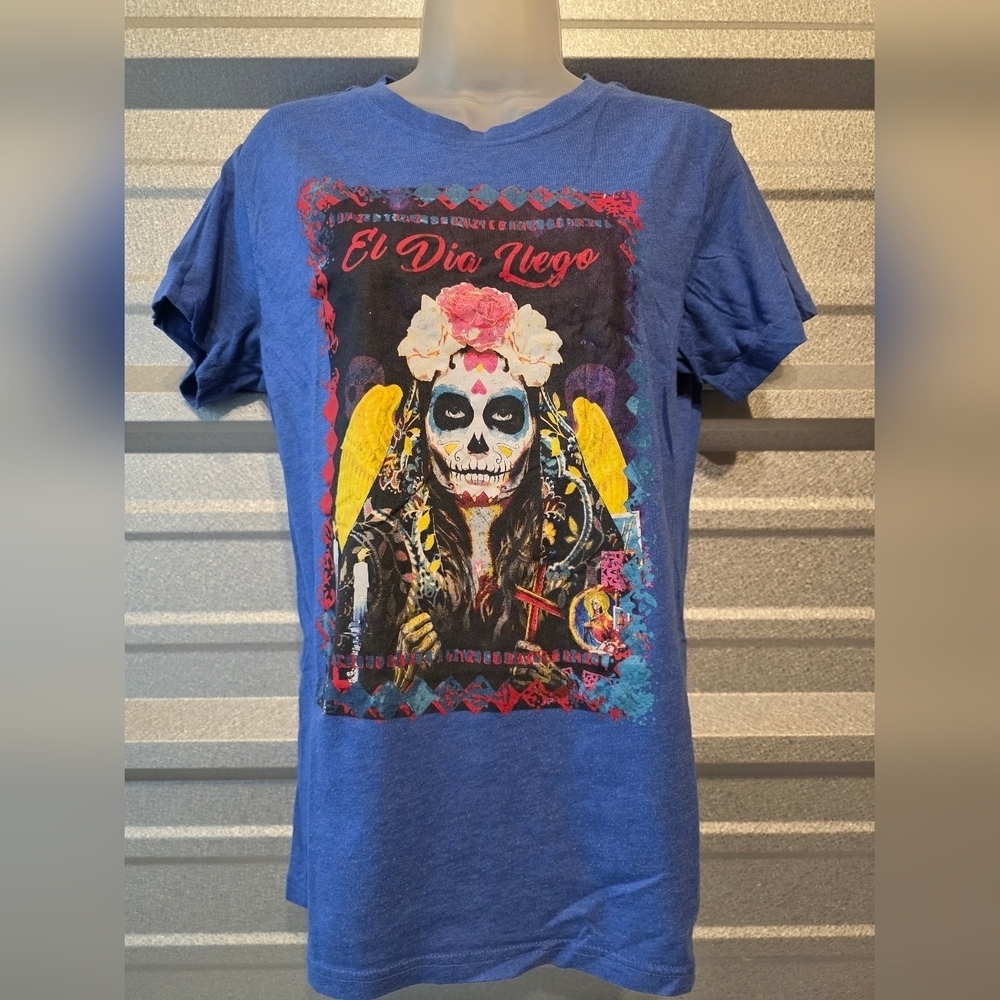 Dia De Los Muertos Blue Graphic T-Shirt with Colorful Skull Design